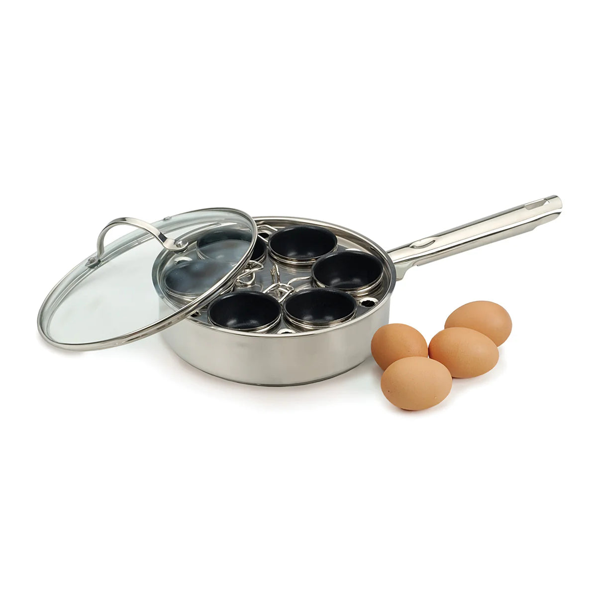 RSVP International POACH-6 Stainless Steel 6-Egg Poacher w/ Glass Lid