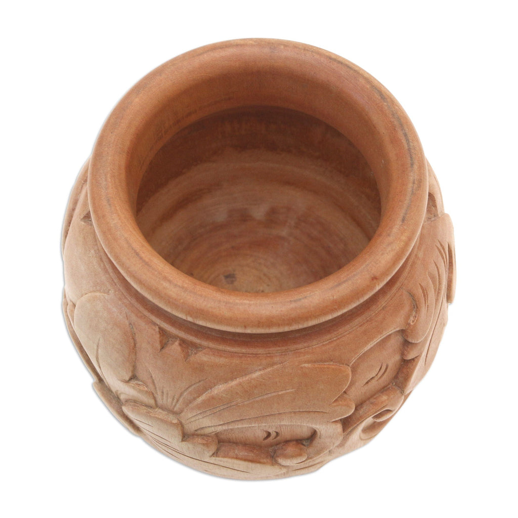 Decorative mahogany wood vase - Sukawati Floral II