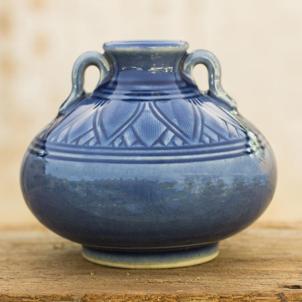 Dark Blue Classic Thai Celadon Ceramic Vase - Sawankhalok Sapphire Lotus