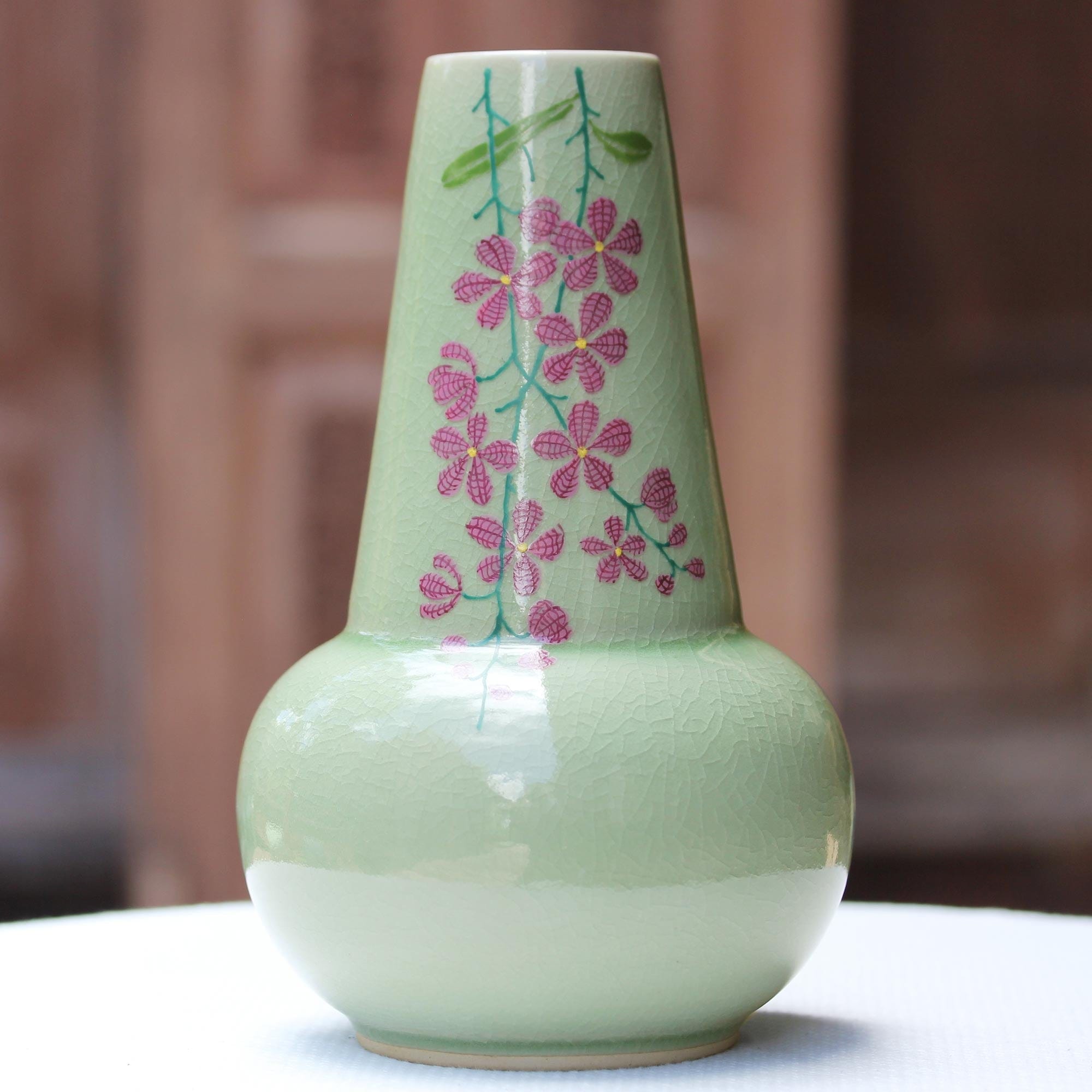 Hand Crafted Celadon Ceramic Floral Vase from Thailand - Hanging Flowers