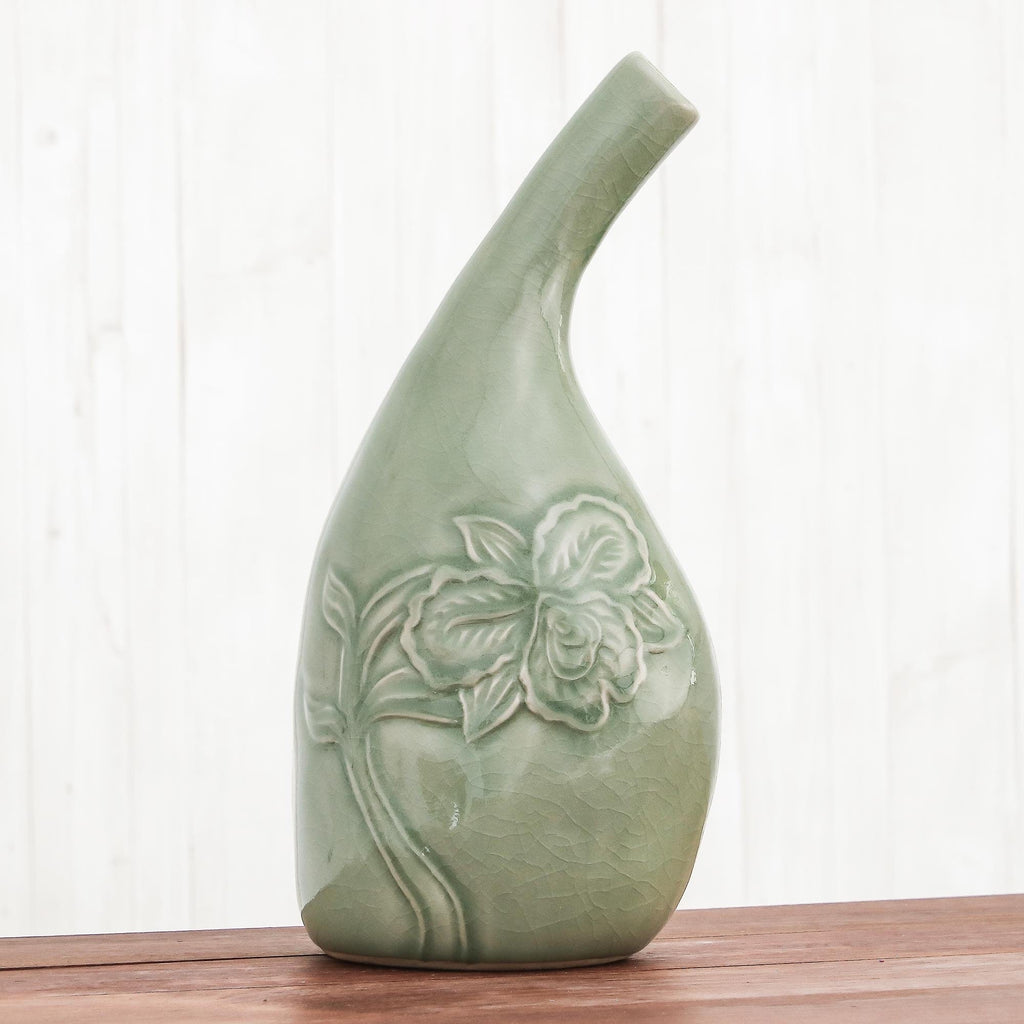 Hand Crafted Green Celadon Ceramic Floral Vase from Thailand - Orchid Spirit