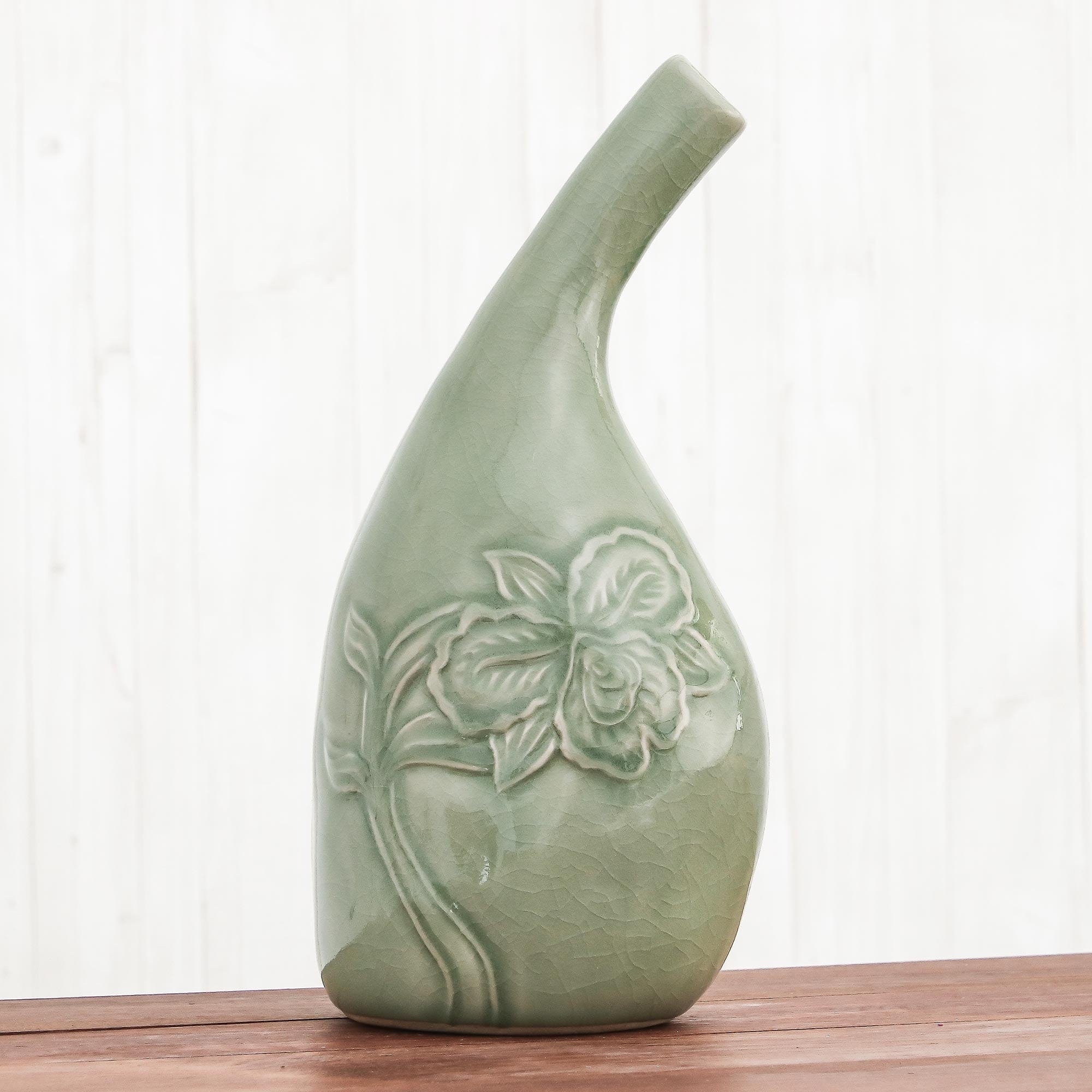 Hand Crafted Green Celadon Ceramic Floral Vase from Thailand - Orchid Spirit