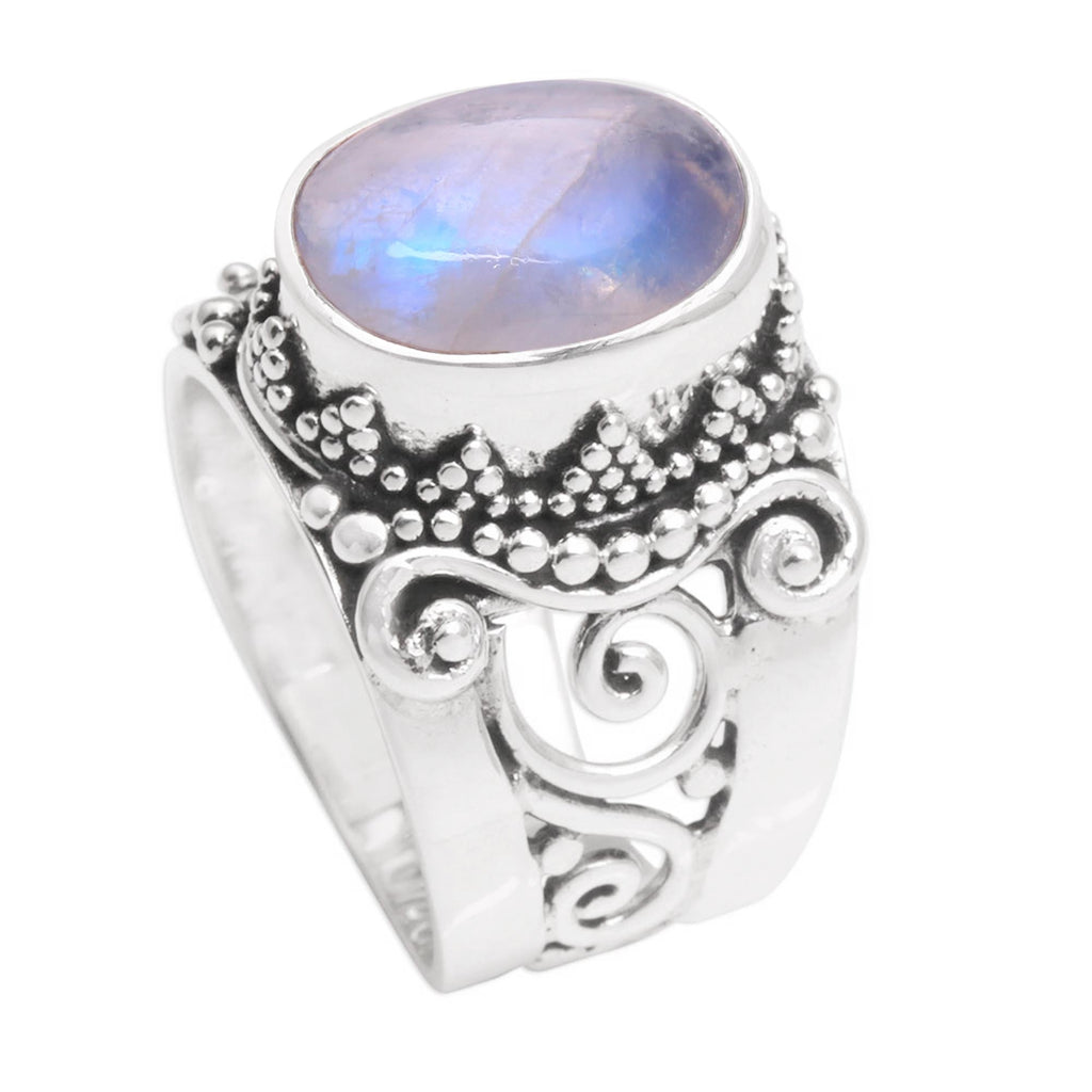 Rainbow Moonstone and Sterling Silver Single Stone Ring - Glorious Vines