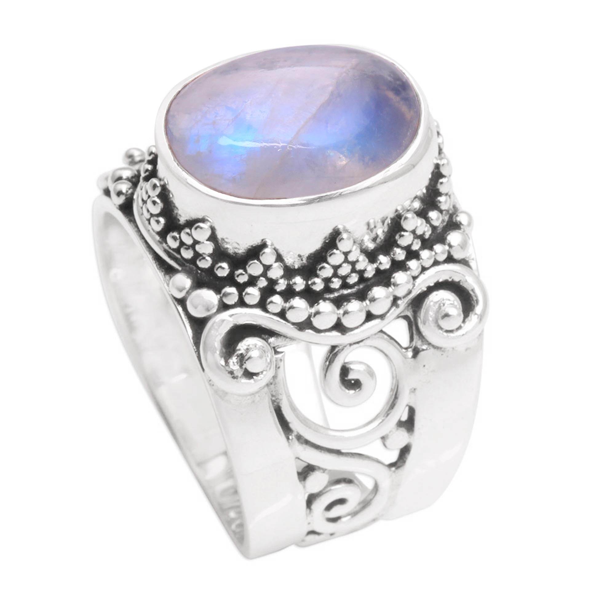 Rainbow Moonstone and Sterling Silver Single Stone Ring - Glorious Vines