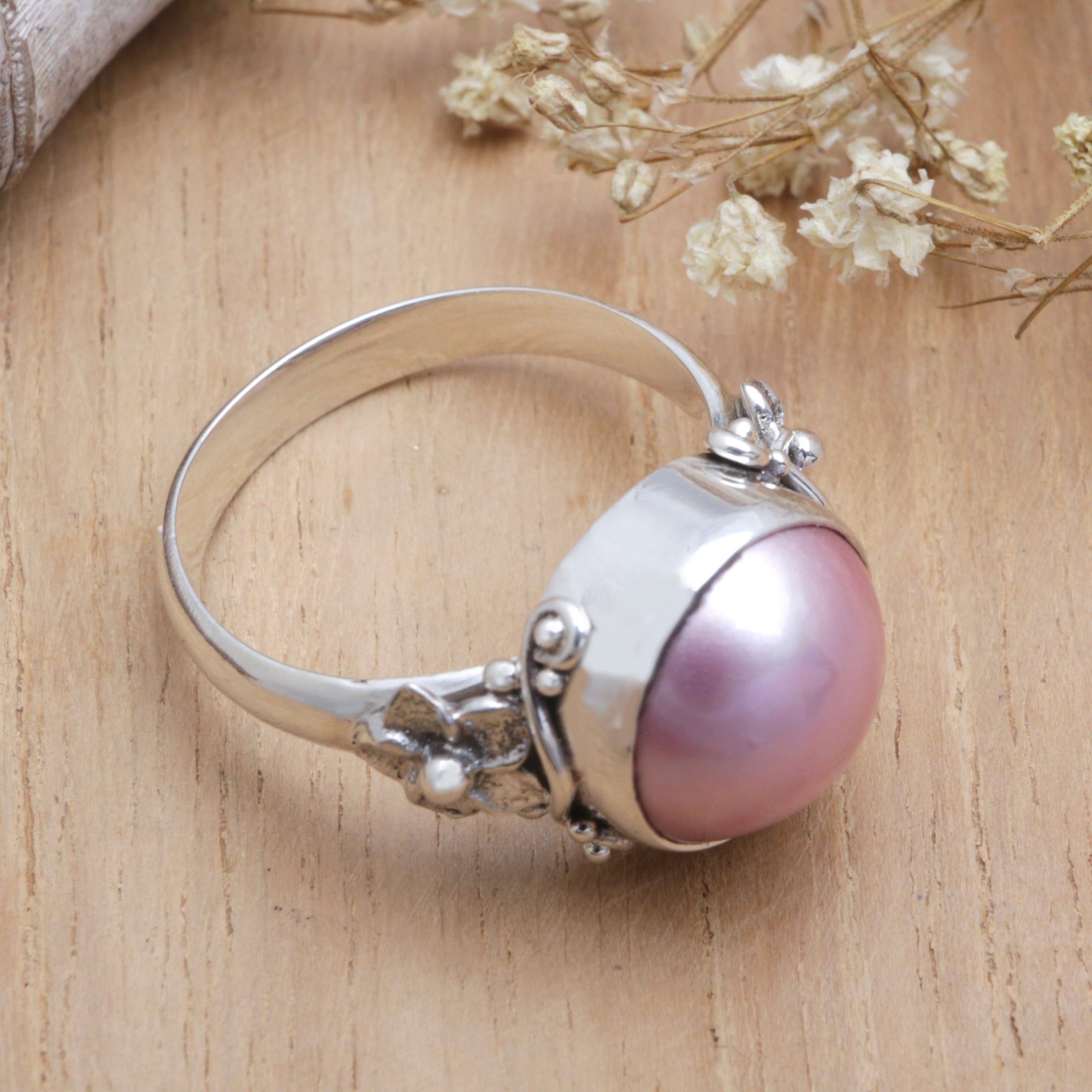 Floral Pink Cultured Pearl Cocktail Ring from Bali - Jepun Joy