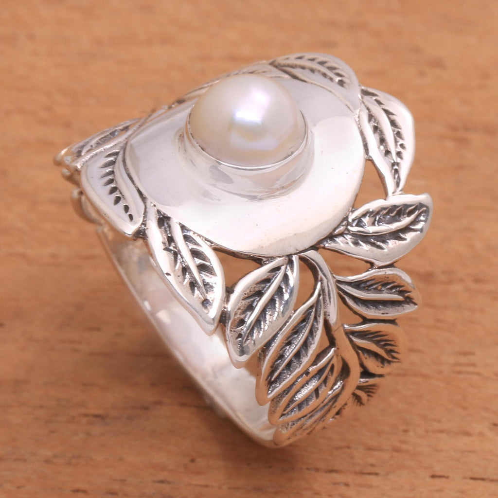 Leaf Motif Cultured Pearl Cocktail Ring from Bali - Leaf Caress