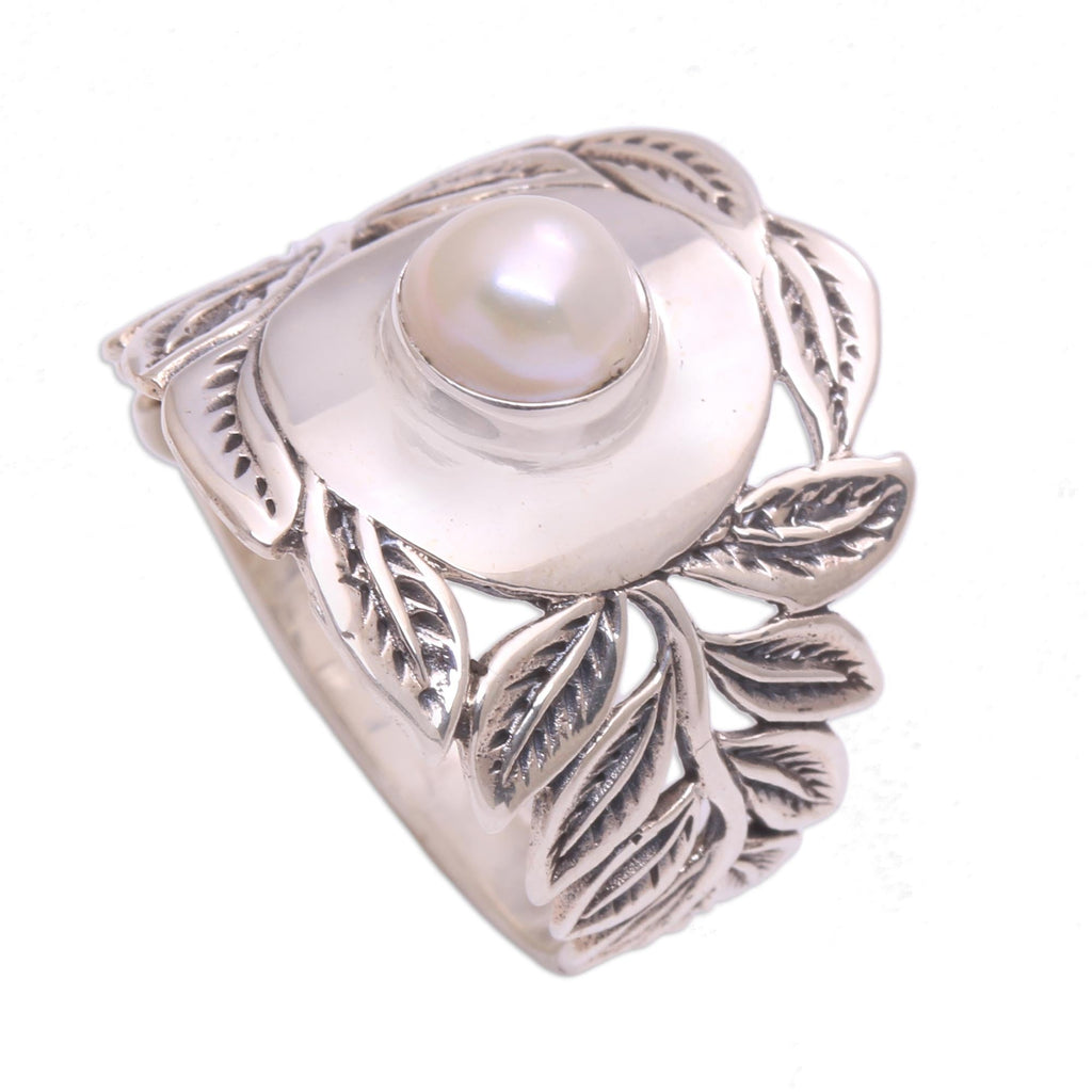 Leaf Motif Cultured Pearl Cocktail Ring from Bali - Leaf Caress