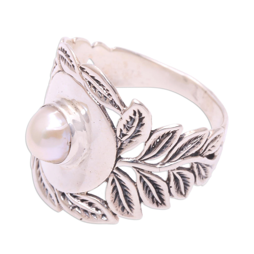 Leaf Motif Cultured Pearl Cocktail Ring from Bali - Leaf Caress