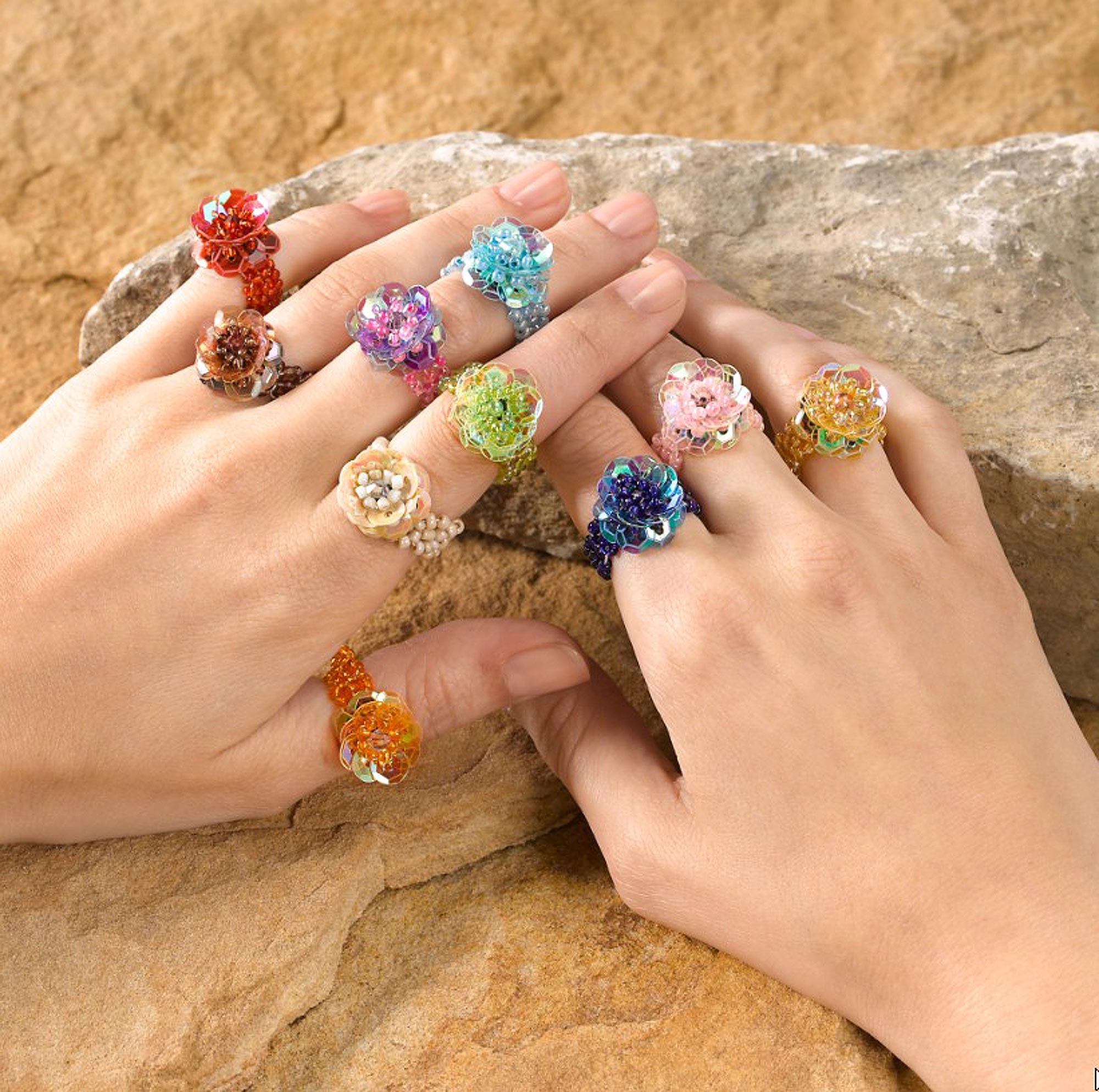 Floral Glass Beaded Stretch Cocktail Rings (Set of 10) - Javanese Flora