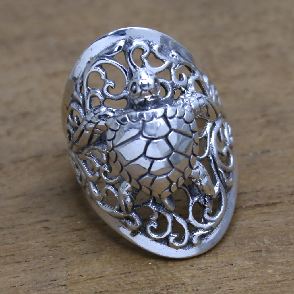 Sea Turtle Sterling Silver Cocktail Ring from Bali - Elegant Sea Turtle