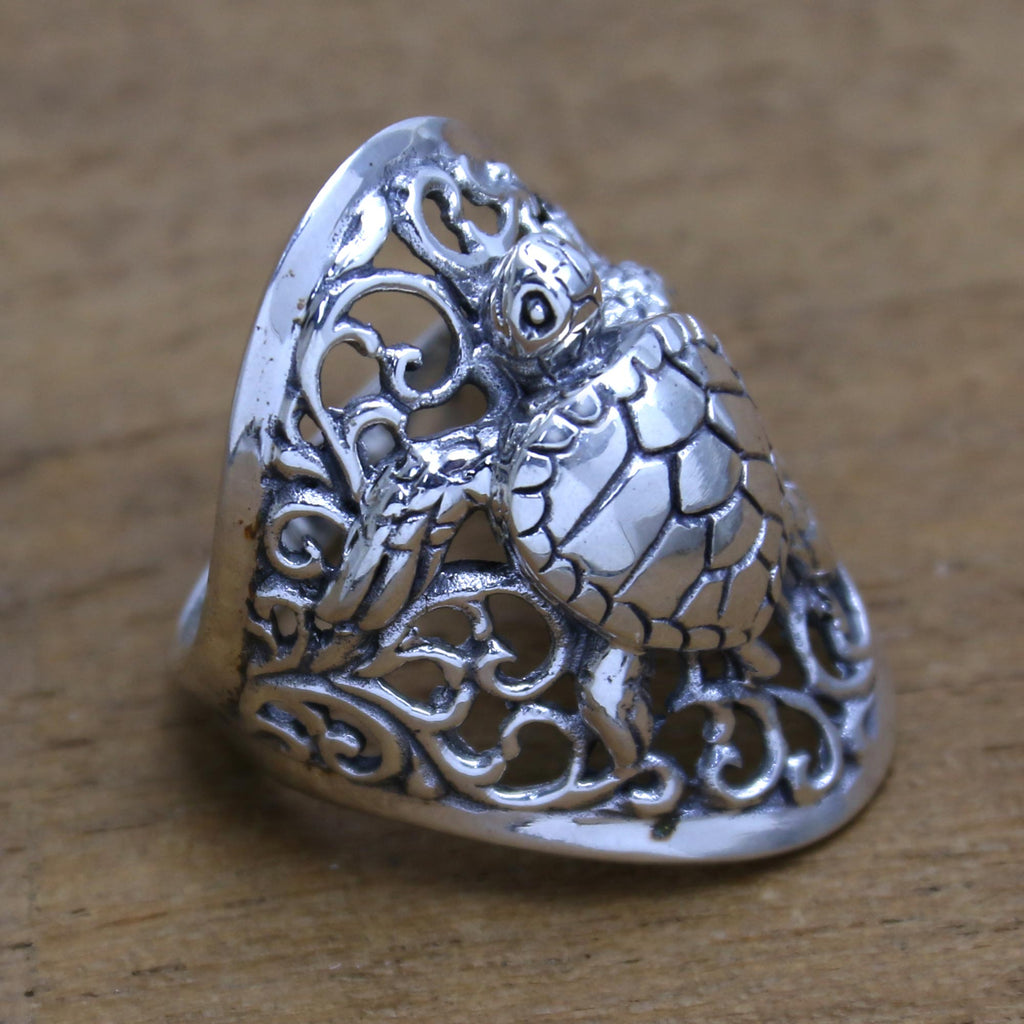 Sea Turtle Sterling Silver Cocktail Ring from Bali - Elegant Sea Turtle
