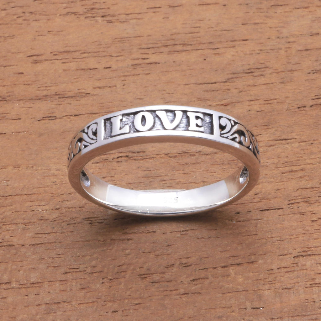 Love-Themed Sterling Silver Band Ring from Bali - Love Swirls