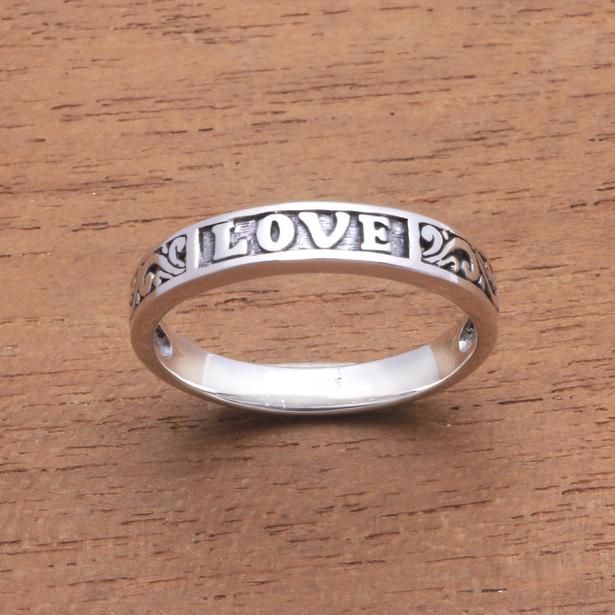 Love-Themed Sterling Silver Band Ring from Bali - Love Swirls