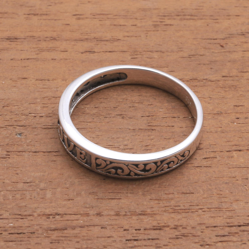 Love-Themed Sterling Silver Band Ring from Bali - Love Swirls
