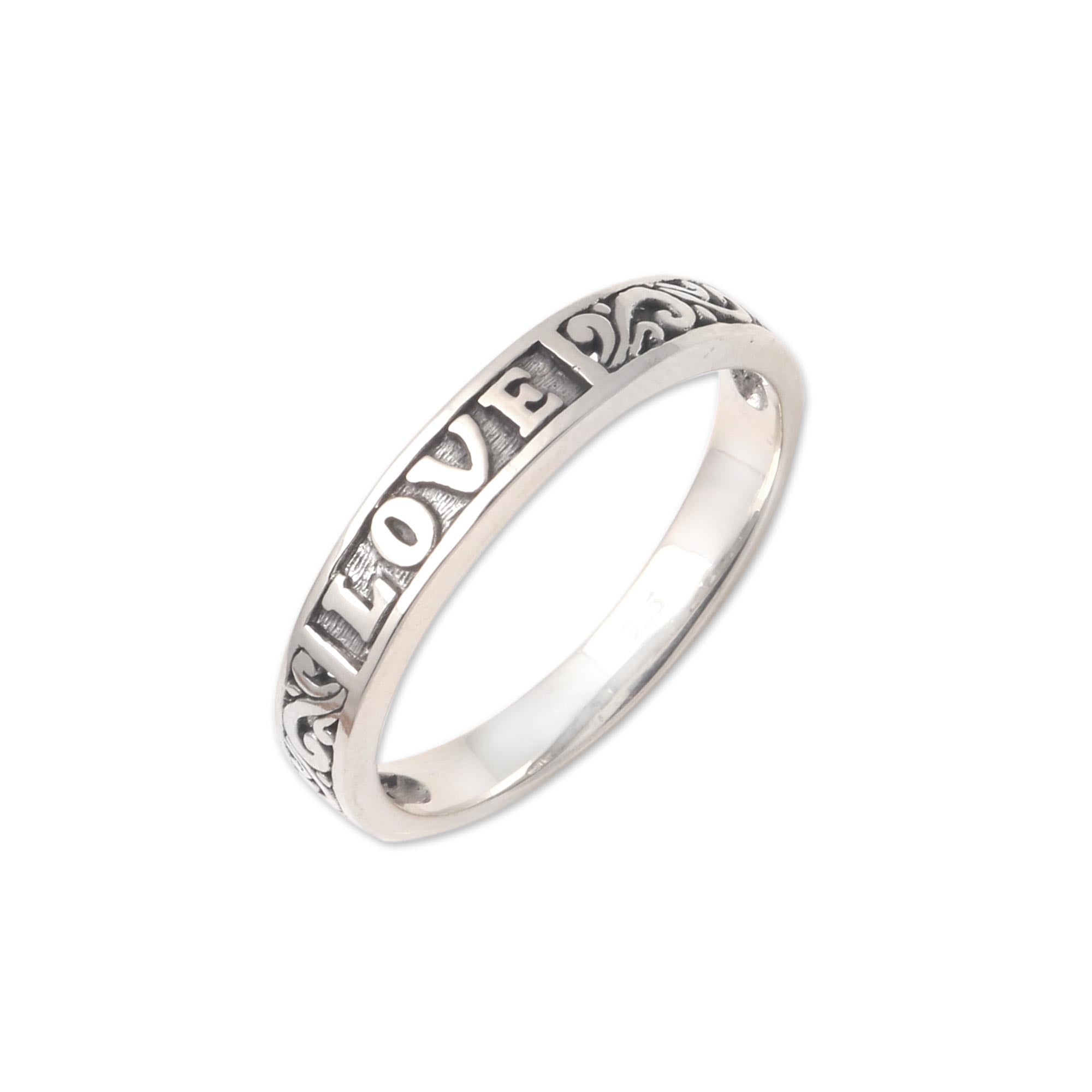 Love-Themed Sterling Silver Band Ring from Bali - Love Swirls