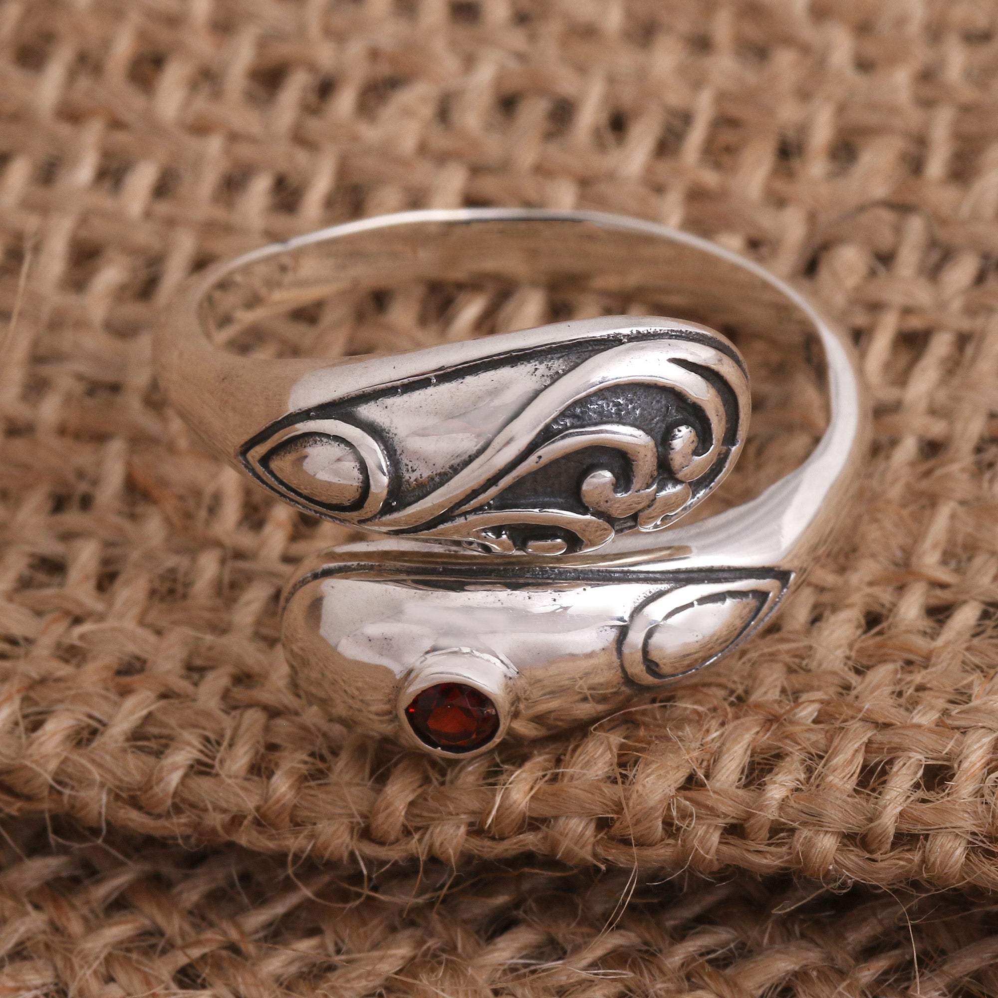 Bezel Set Garnet Sterling Silver Wrap Ring - Two Heads