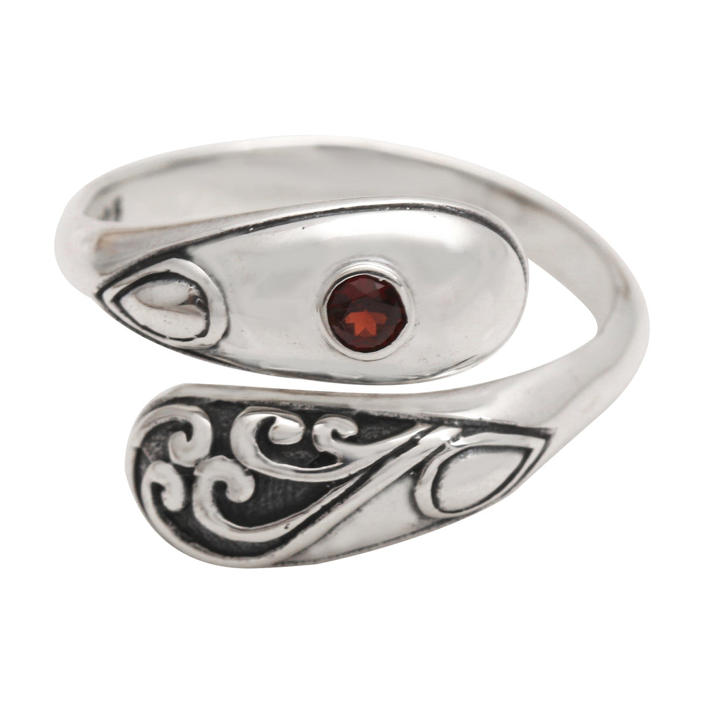 Bezel Set Garnet Sterling Silver Wrap Ring - Two Heads