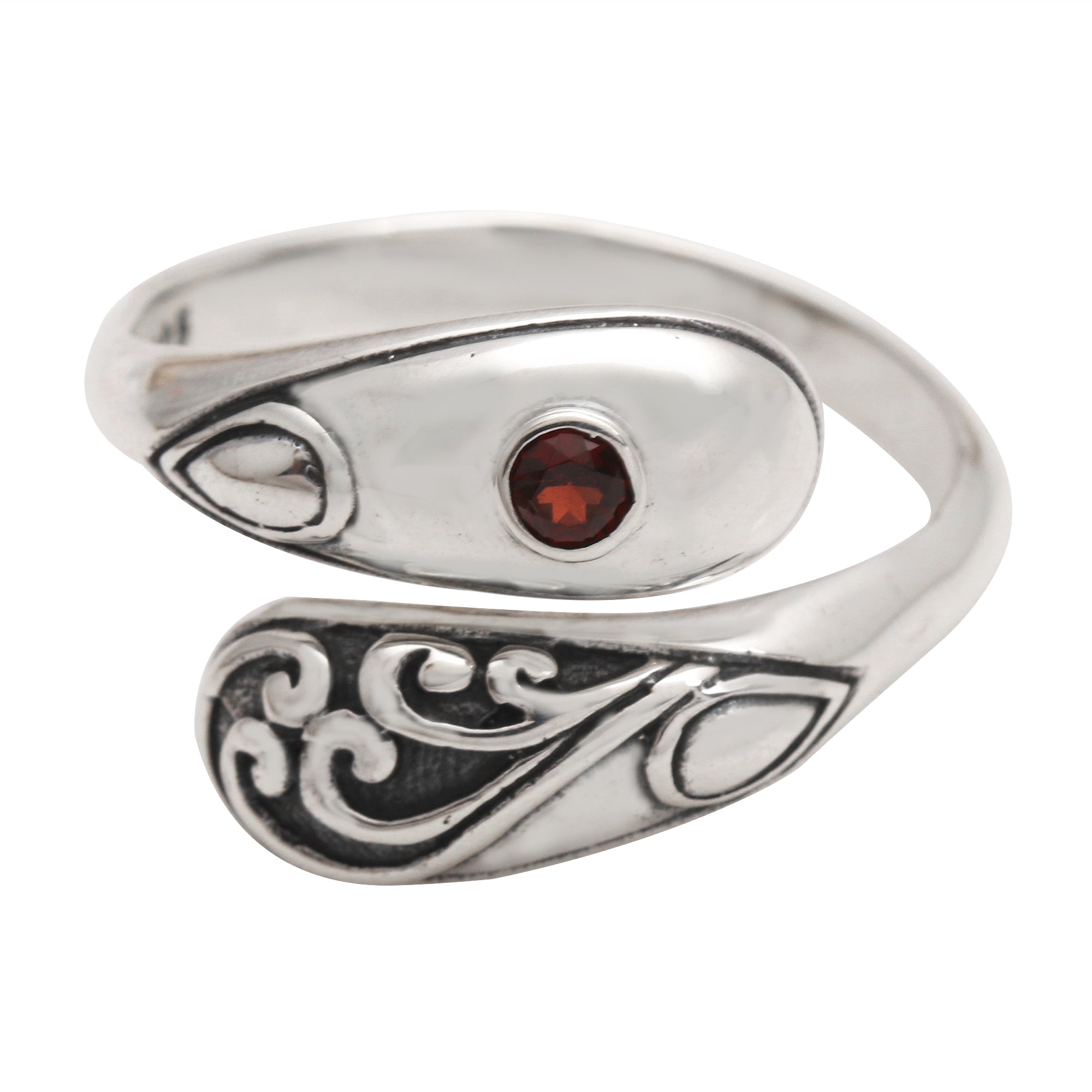 Bezel Set Garnet Sterling Silver Wrap Ring - Two Heads