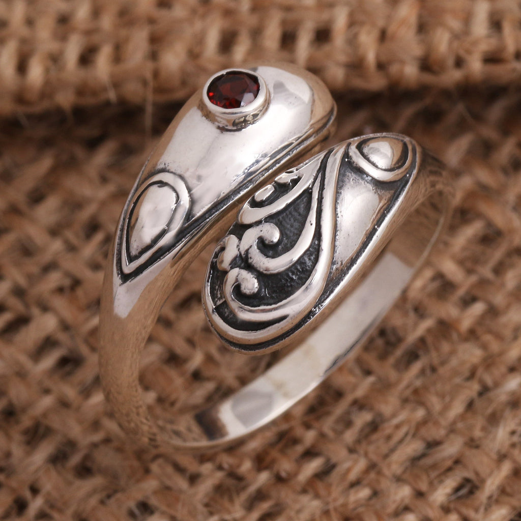 Bezel Set Garnet Sterling Silver Wrap Ring - Two Heads