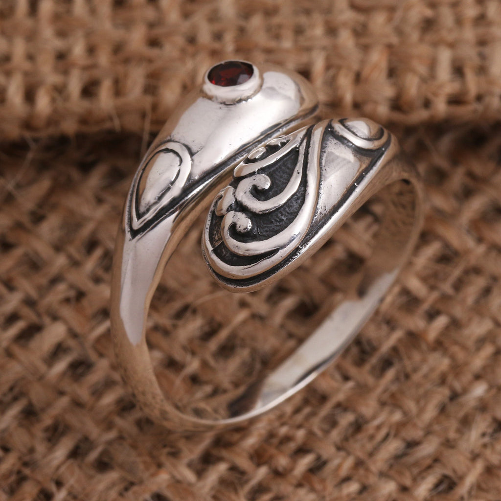 Bezel Set Garnet Sterling Silver Wrap Ring - Two Heads