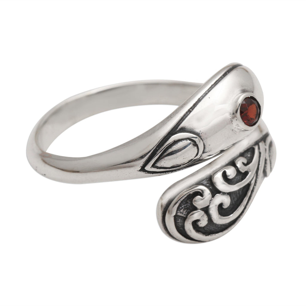 Bezel Set Garnet Sterling Silver Wrap Ring - Two Heads