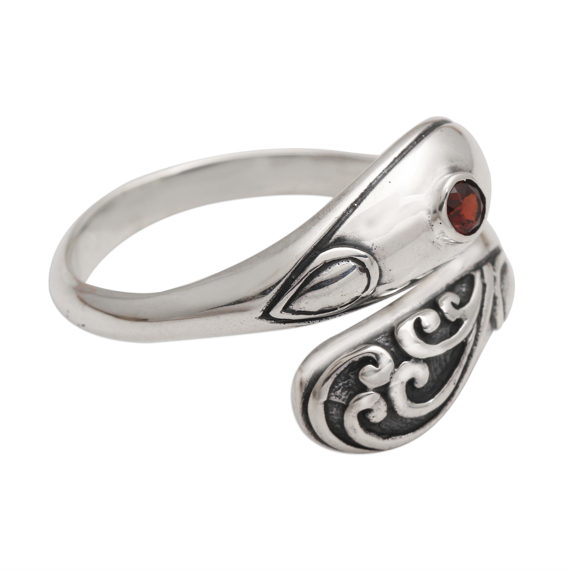Bezel Set Garnet Sterling Silver Wrap Ring - Two Heads