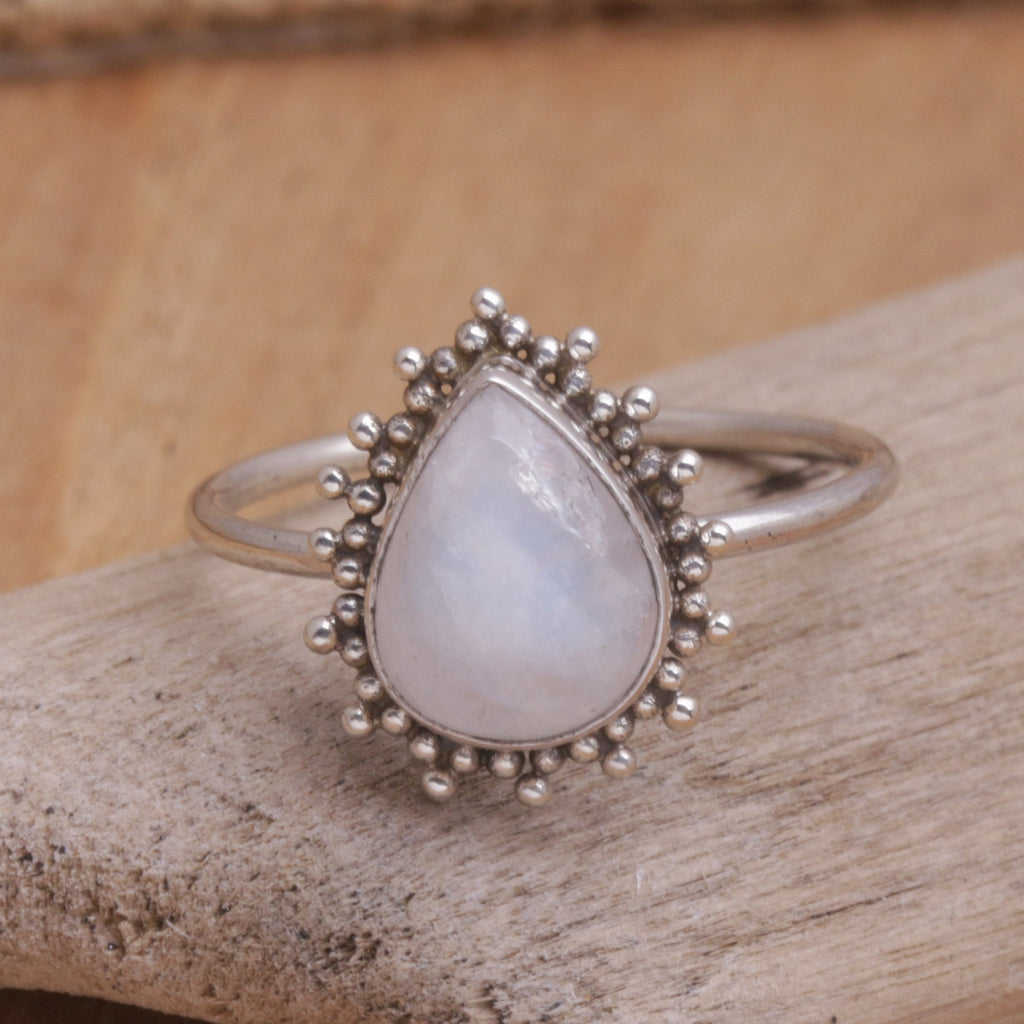 Jeweler Designed Rainbow Moonstone Cocktail Ring from Bali - Teardrop Moon