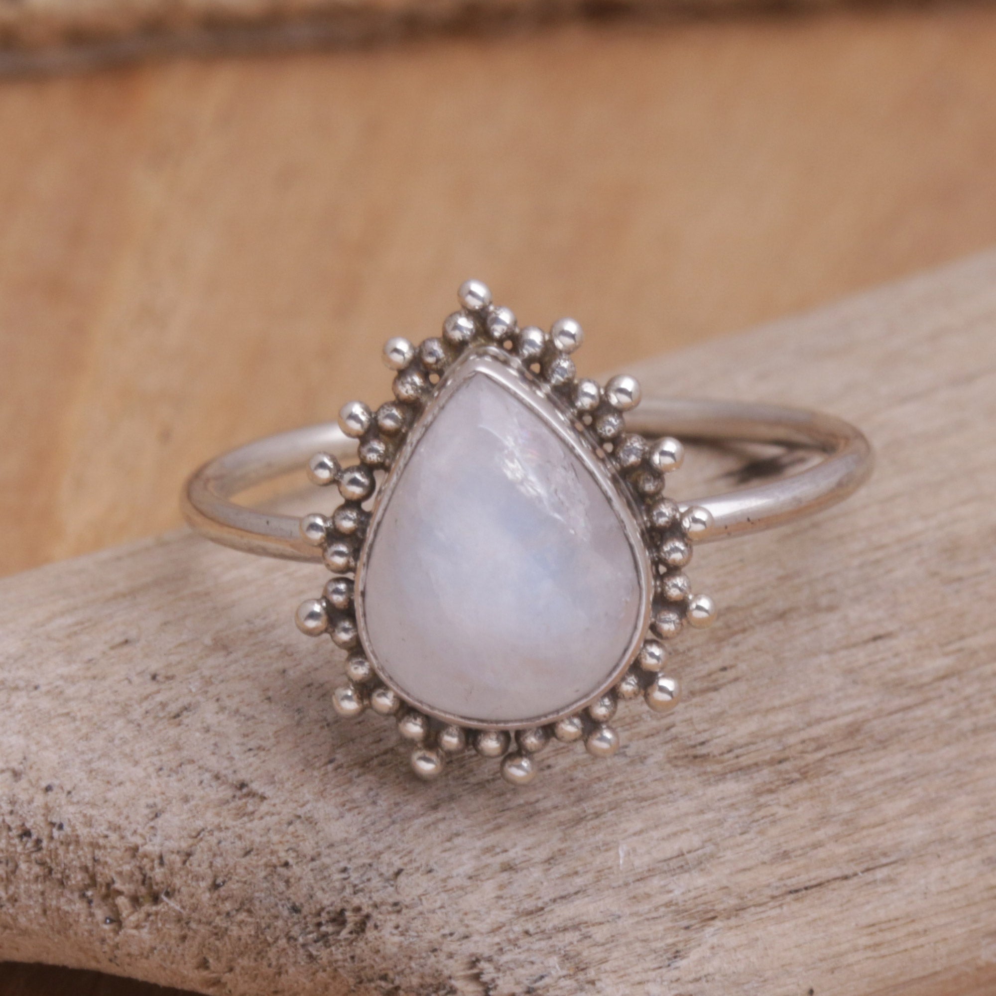 Jeweler Designed Rainbow Moonstone Cocktail Ring from Bali - Teardrop Moon