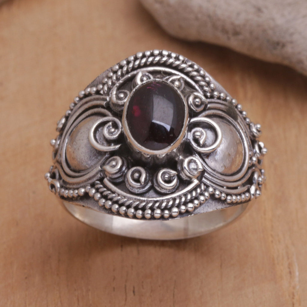 Sterling Silver and Garnet Cocktail Ring from Bali - Majestic Red Love