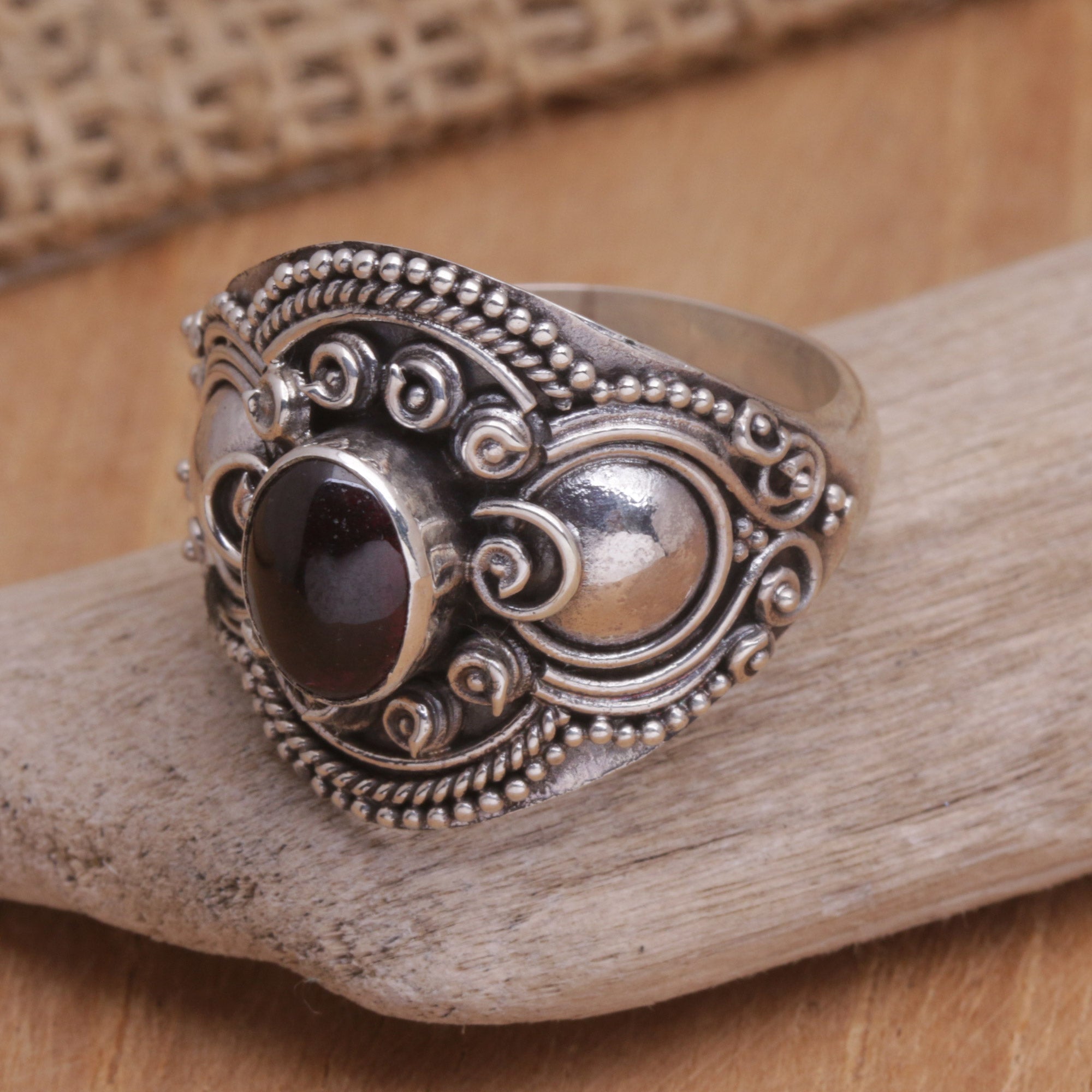 Sterling Silver and Garnet Cocktail Ring from Bali - Majestic Red Love