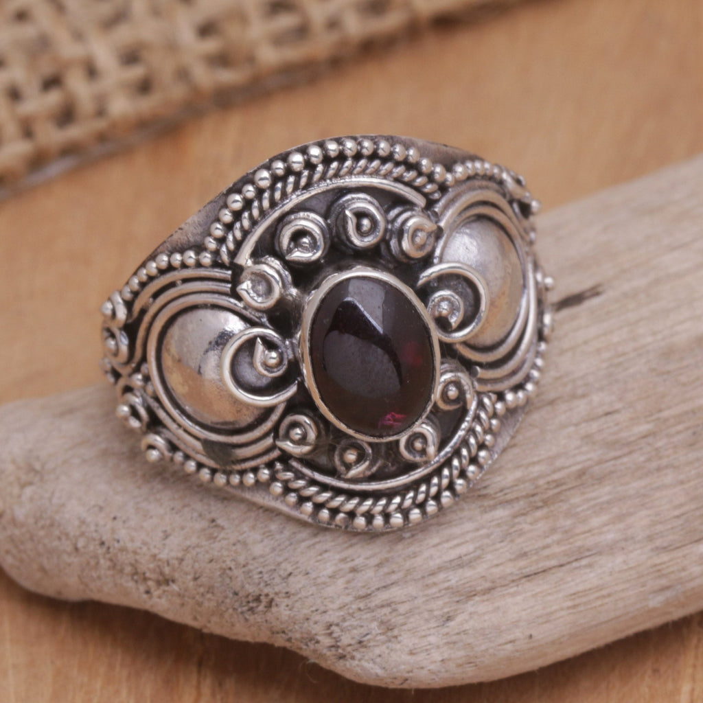Sterling Silver and Garnet Cocktail Ring from Bali - Majestic Red Love