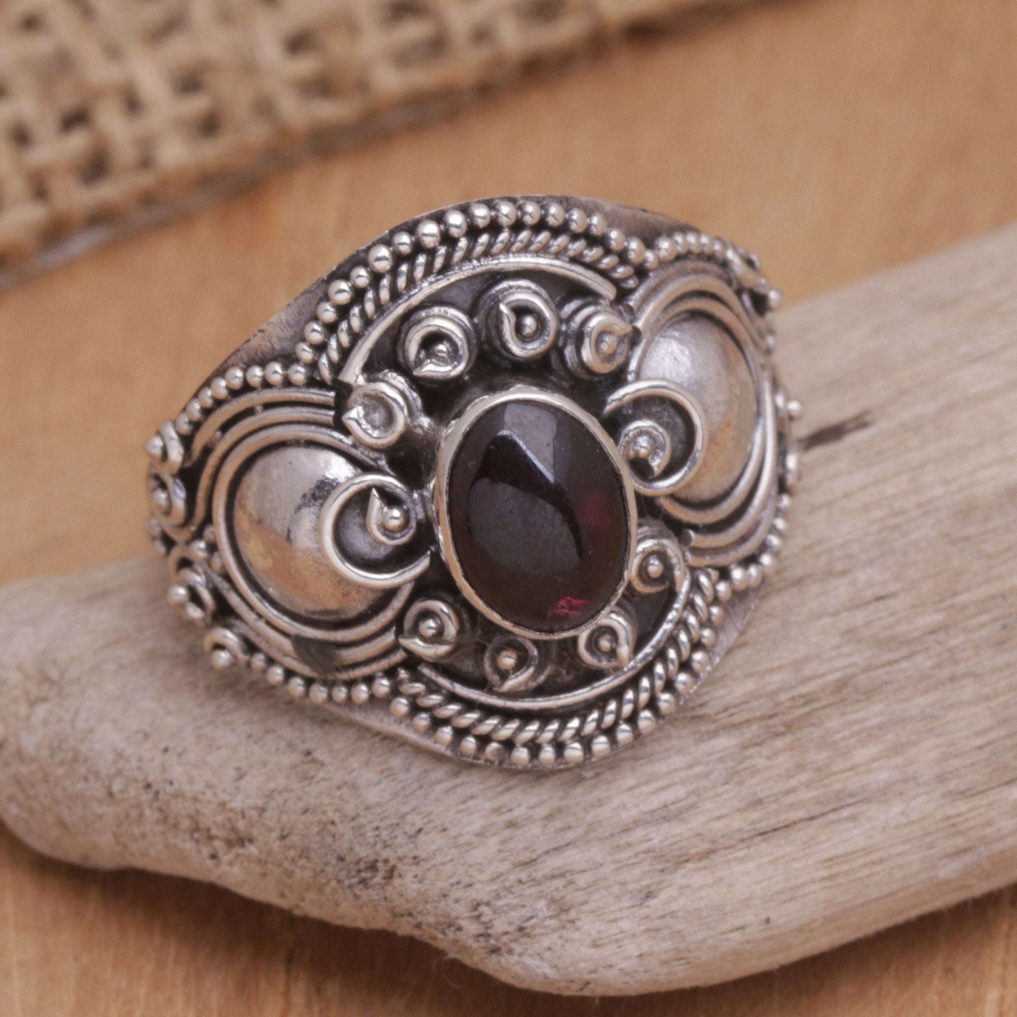 Sterling Silver and Garnet Cocktail Ring from Bali - Majestic Red Love