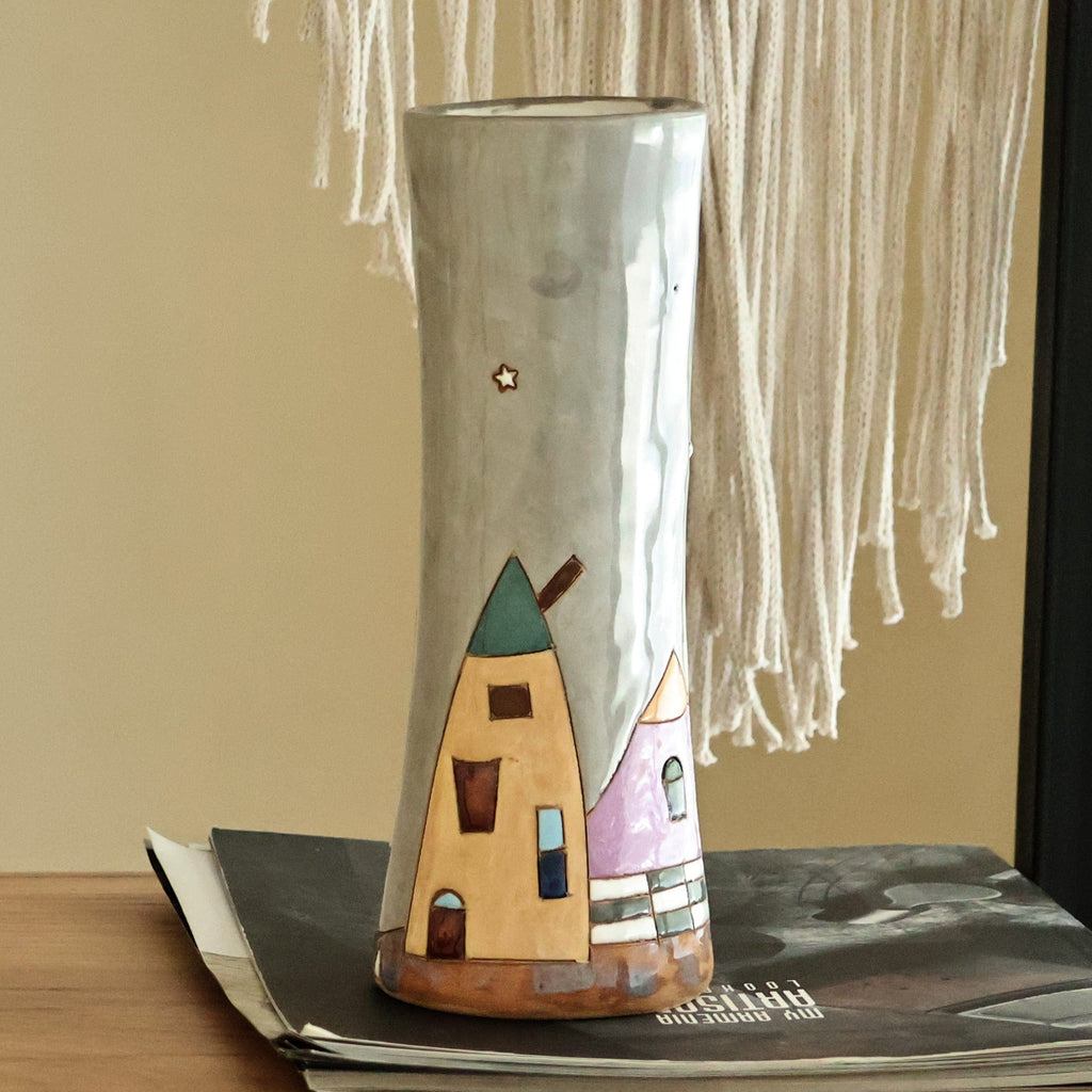 Hand-Painted Dark Grey Glazed Ceramic Vase with House Motif - Beautiful Homes