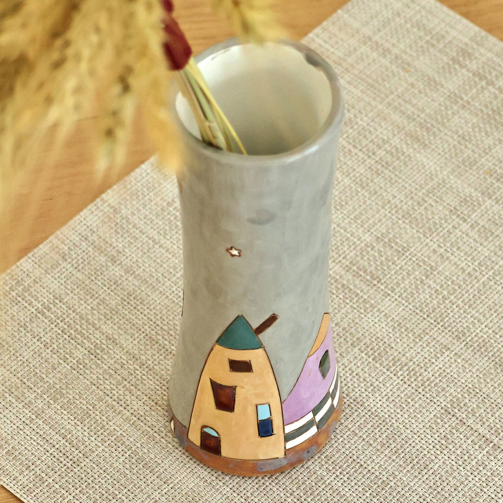 Hand-Painted Dark Grey Glazed Ceramic Vase with House Motif - Beautiful Homes