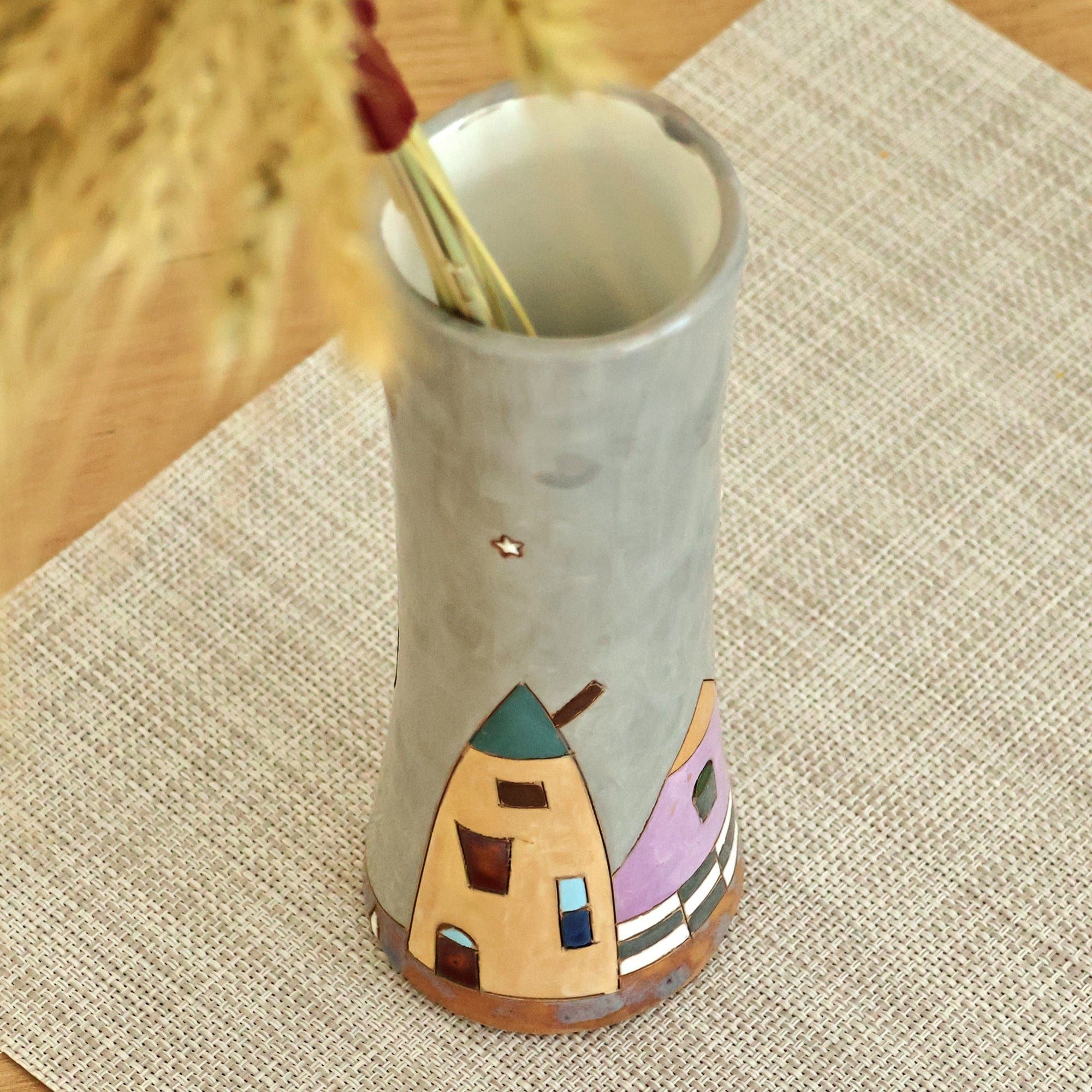 Hand-Painted Dark Grey Glazed Ceramic Vase with House Motif - Beautiful Homes