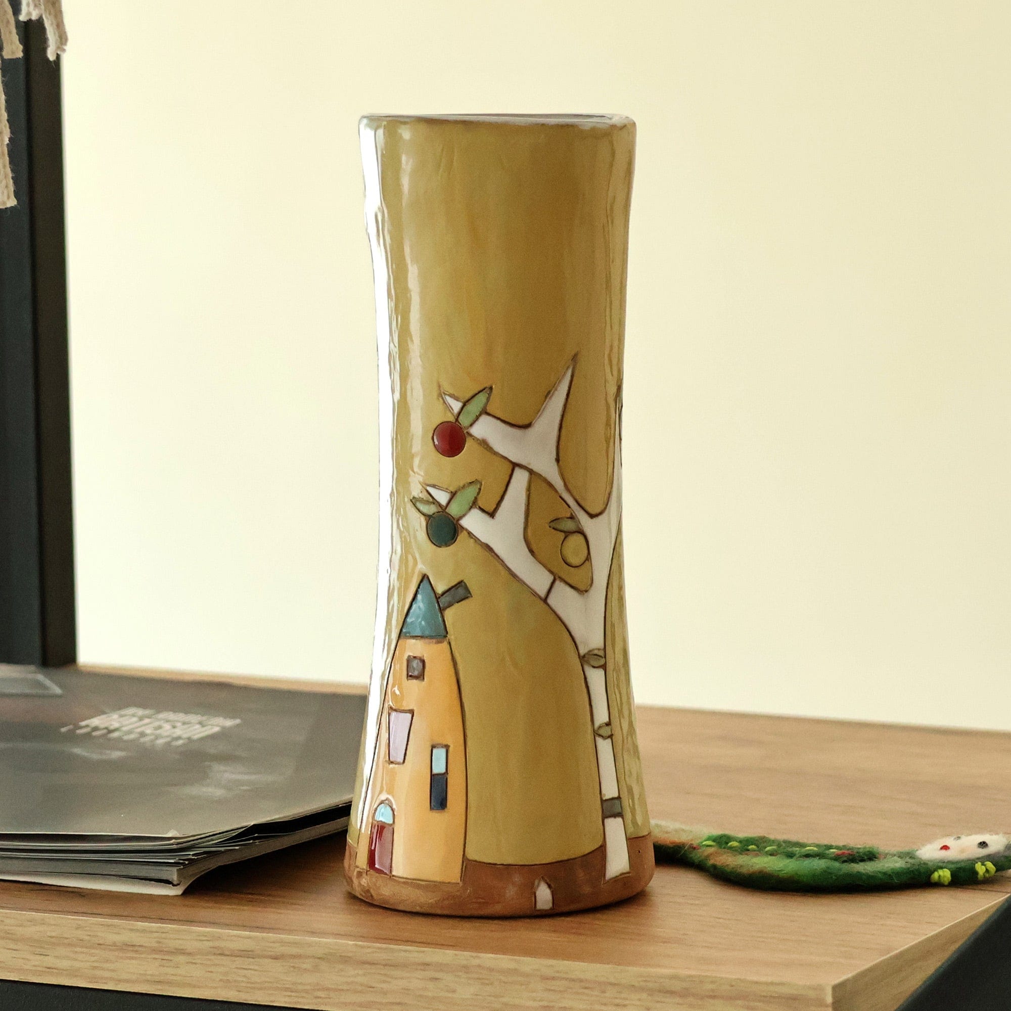 Hand-Painted Glazed Ceramic Vase with Pomegranate Tree Motif - Pomegranate Tree
