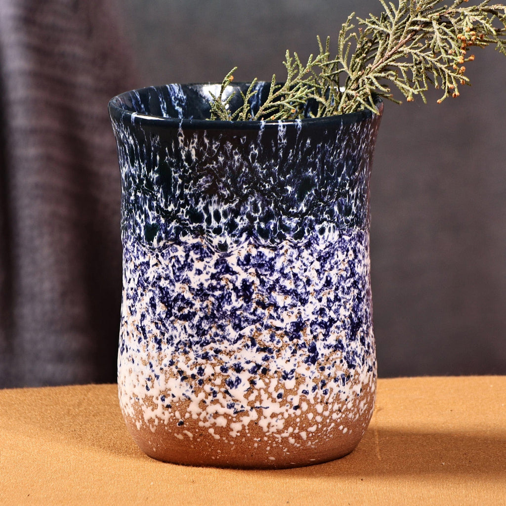 Handcrafted Modern Blue and Brown Ceramic Semi-Cylinder Vase - Blue Sense