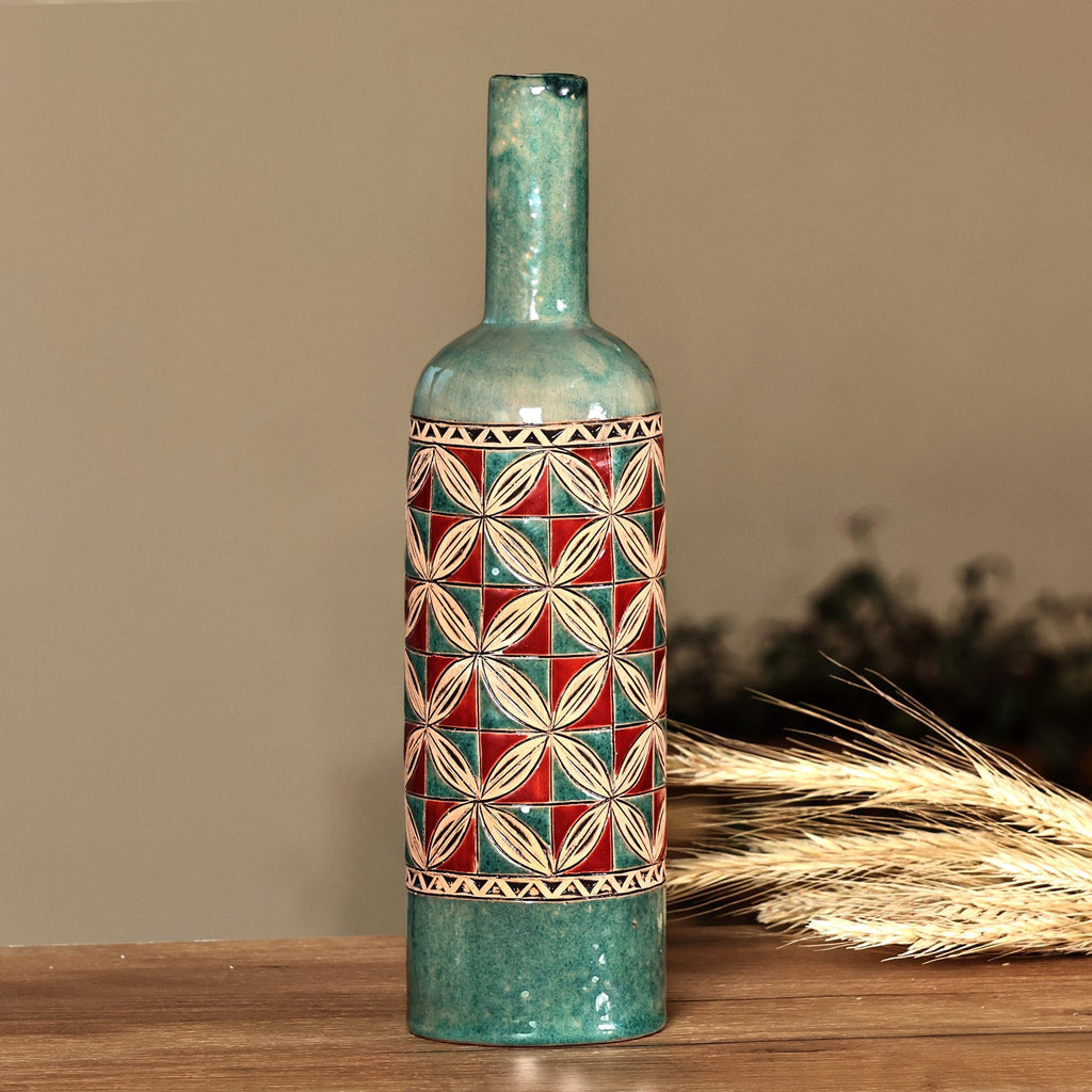 Mosaic-Inspired Green and Red Bottle-Shaped Ceramic Vase - Passionate Elixir