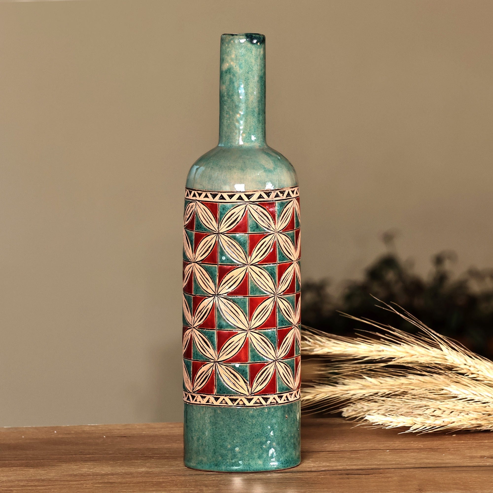 Mosaic-Inspired Green and Red Bottle-Shaped Ceramic Vase - Passionate Elixir