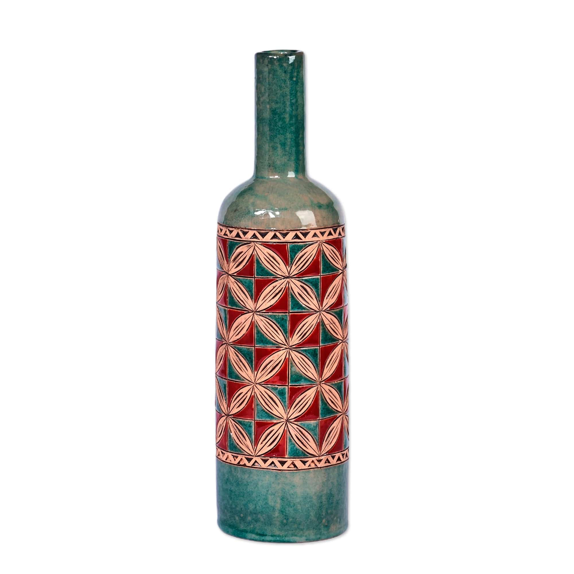 Mosaic-Inspired Green and Red Bottle-Shaped Ceramic Vase - Passionate Elixir