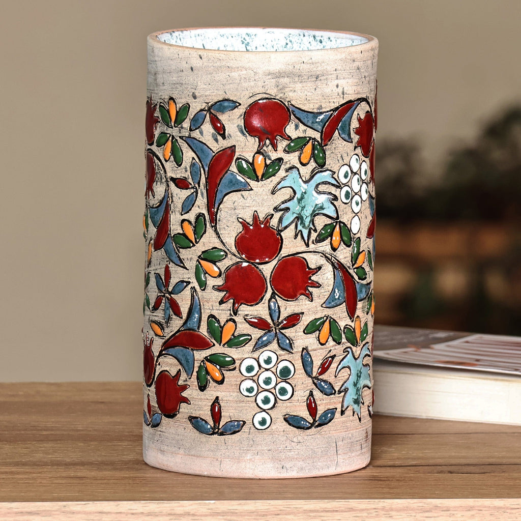 Hand-Painted Ceramic Cylinder Vase with Pomegranate Motif - Vibrant Pomegranate