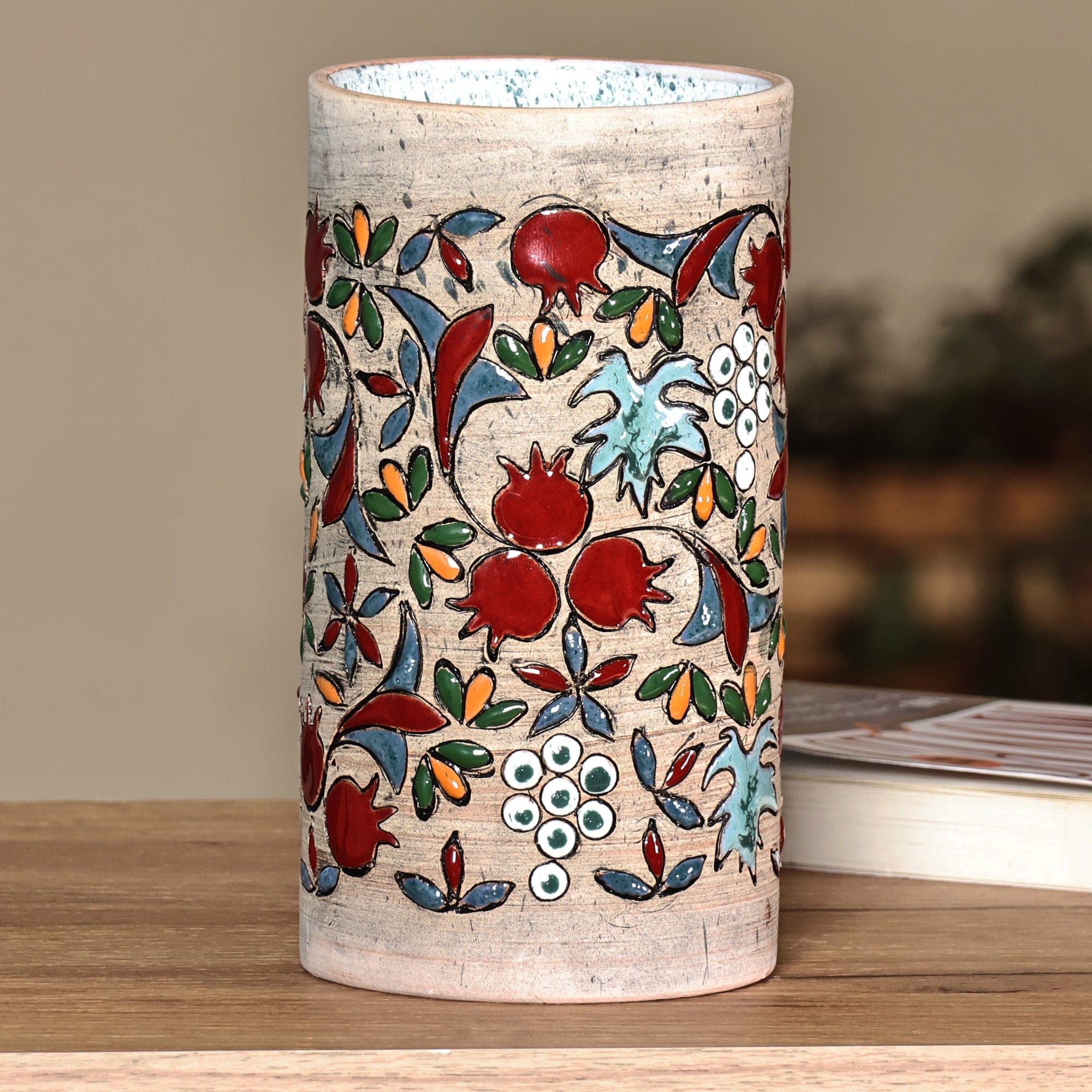 Hand-Painted Ceramic Cylinder Vase with Pomegranate Motif - Vibrant Pomegranate