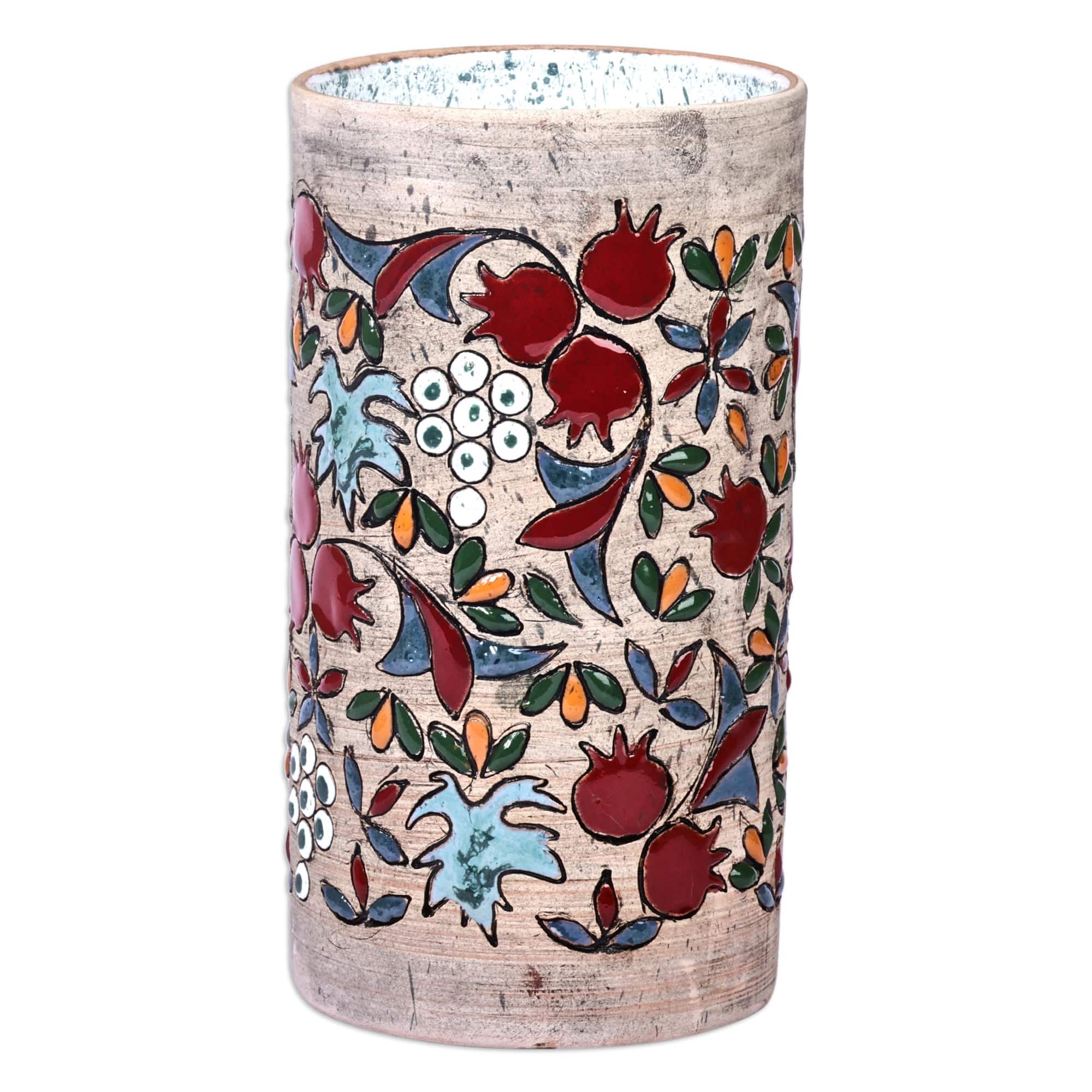 Hand-Painted Ceramic Cylinder Vase with Pomegranate Motif - Vibrant Pomegranate