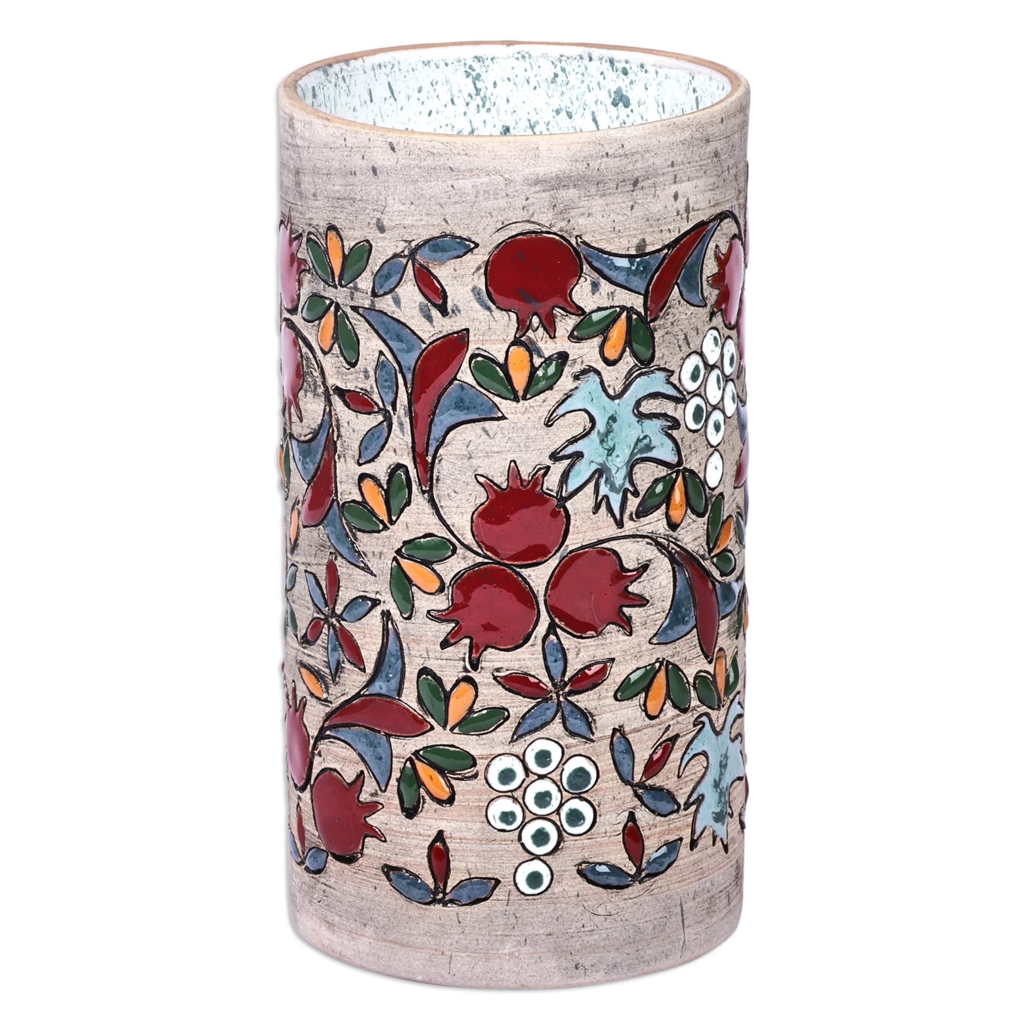 Hand-Painted Ceramic Cylinder Vase with Pomegranate Motif - Vibrant Pomegranate