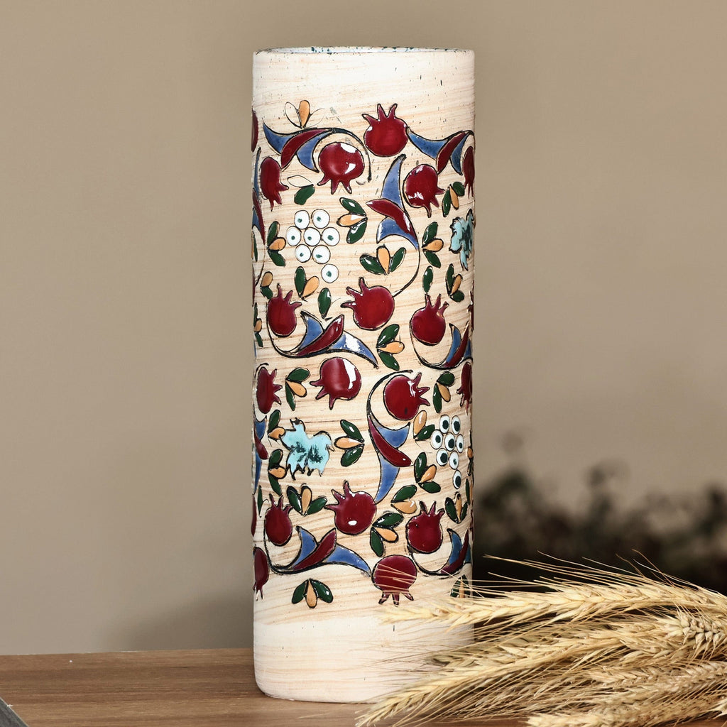 Hand-Painted Ceramic Pomegranate Cylinder Vase from Armenia - Ruby Pomegranate