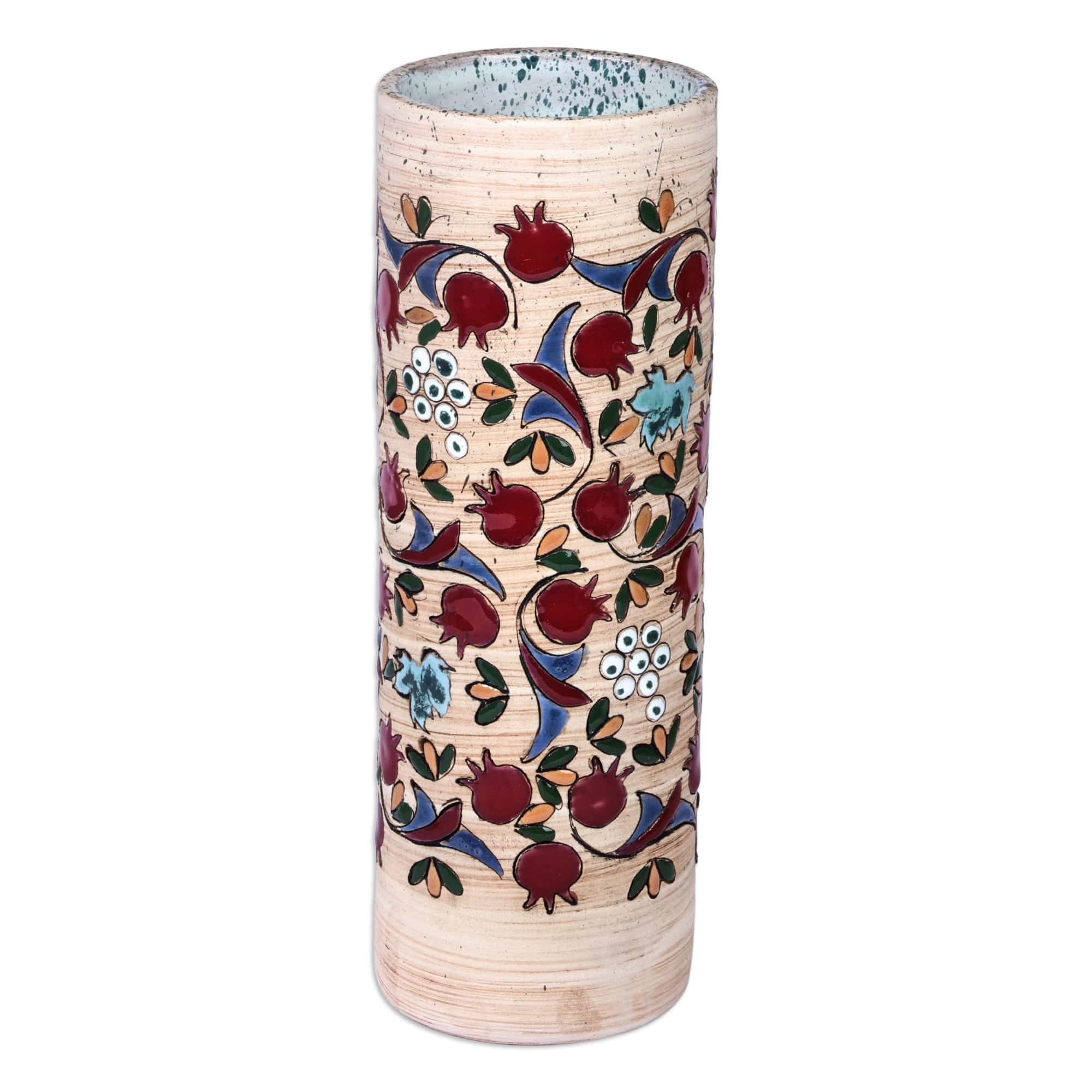 Hand-Painted Ceramic Pomegranate Cylinder Vase from Armenia - Ruby Pomegranate