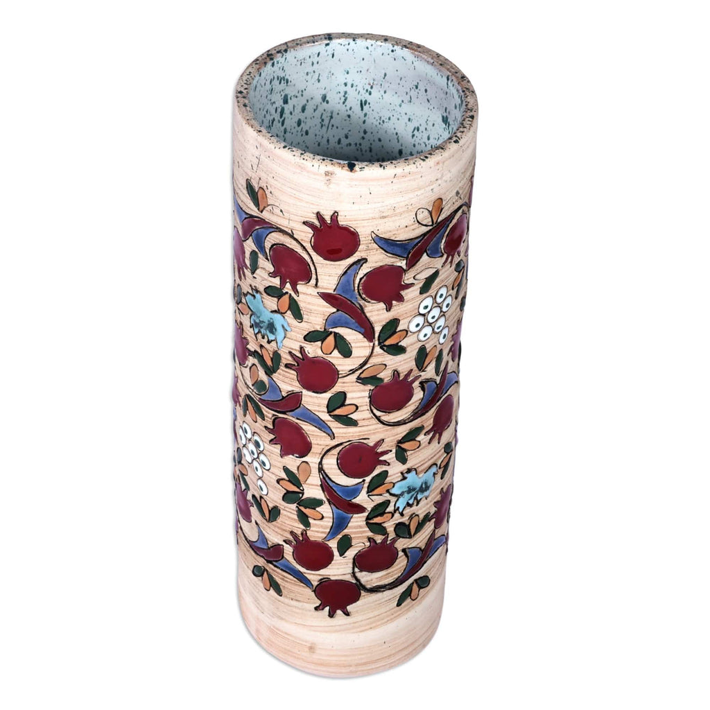 Hand-Painted Ceramic Pomegranate Cylinder Vase from Armenia - Ruby Pomegranate