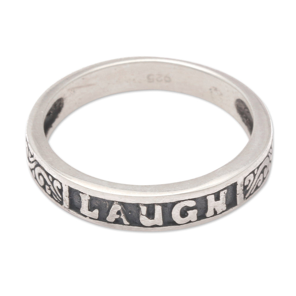 Inspirational Sterling Silver Band Ring with Darkened Accent - Laugh