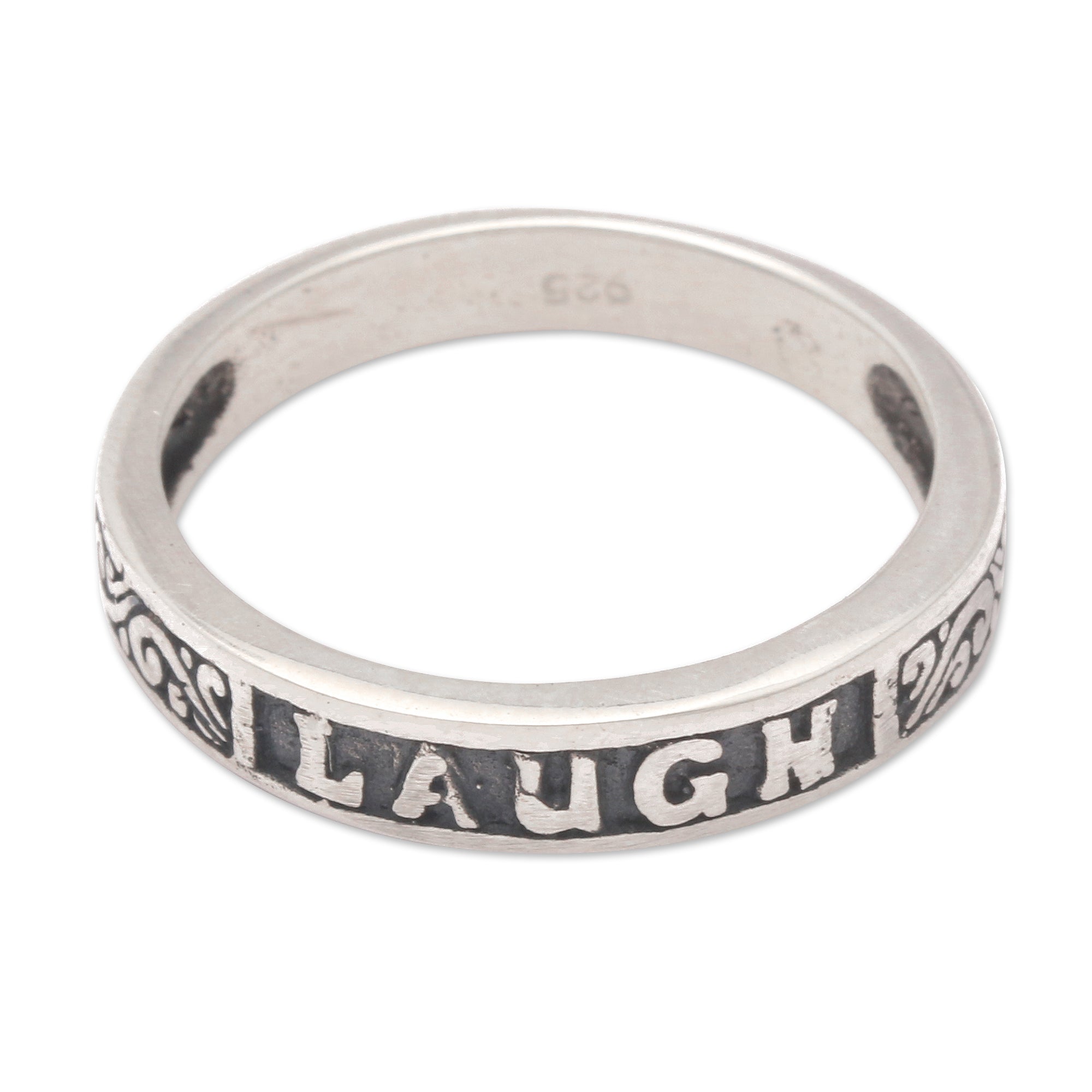 Inspirational Sterling Silver Band Ring with Darkened Accent - Laugh