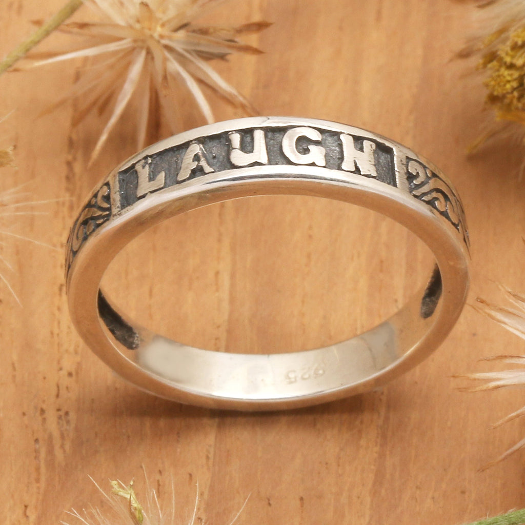 Inspirational Sterling Silver Band Ring with Darkened Accent - Laugh
